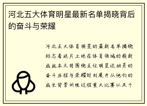 河北五大体育明星最新名单揭晓背后的奋斗与荣耀